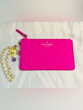 Kate Spade Hot Pink Keaton Wristlet Pouch With Pearl Chain Accents and Charms